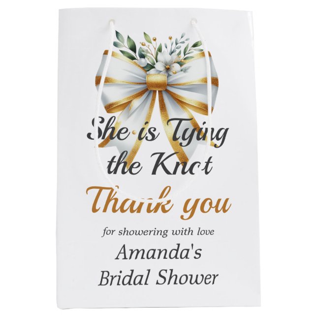 Tying the Knot Gold White Bow Floral Bridal Shower Medium Gift Bag (Front)