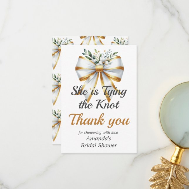 Tying the Knot Gold White Bow Floral Bridal Shower Thank You Card (Front/Back In Situ)