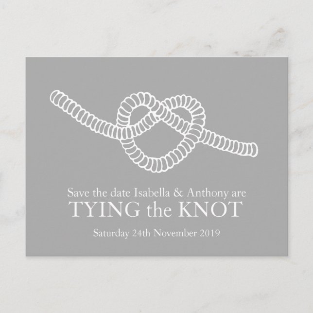 Tying the Knot heart wedding save the date grey Announcement Postcard (Front)