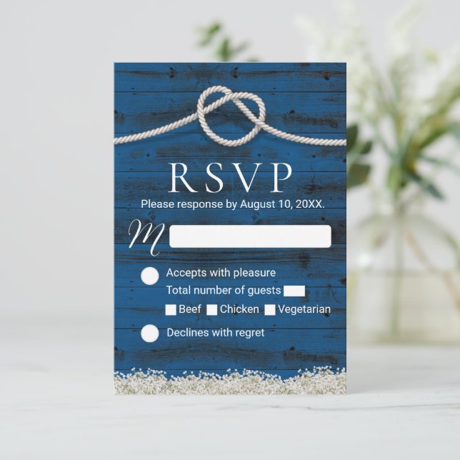 Tying the Knot Navy Wood Rustic Wedding RSVP (Standing Front)