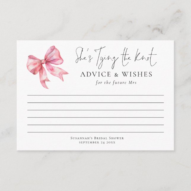 Tying The Knot Pink Bow Bridal Shower Advice Card (Front)