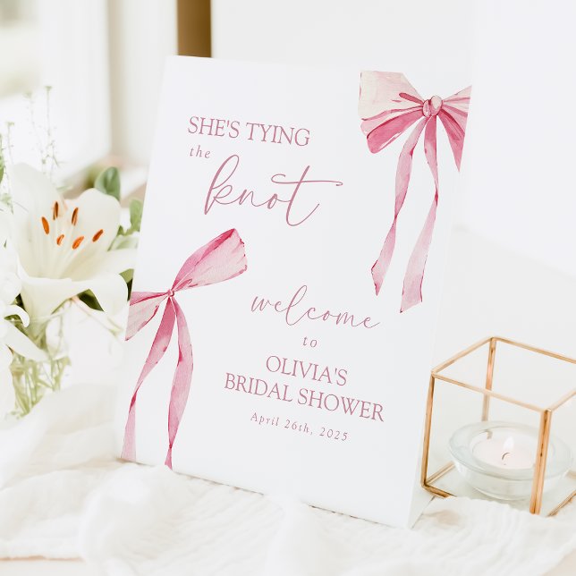 Tying the Knot Pink Bow Bridal Shower Welcome Pedestal Sign (Creator Uploaded)
