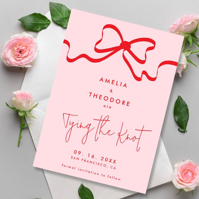 Tying the Knot Pink Red Bow Save the Date Wedding Invitation (Creator Uploaded)