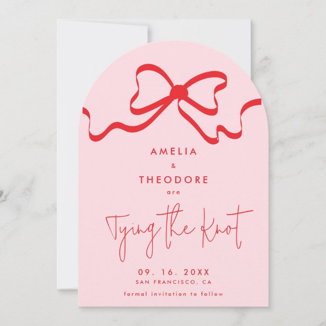 Tying the Knot Red Bow Photo Save the Date Card (Front)