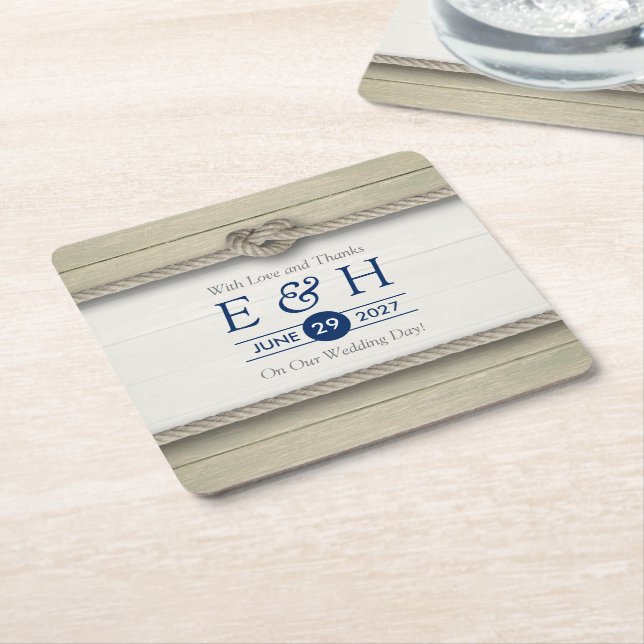 Tying The Knot Rustic Beach Wedding Square Paper Coaster (Angled)