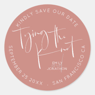 Tying The Knot Script Coral White Save The Date Classic Round Sticker