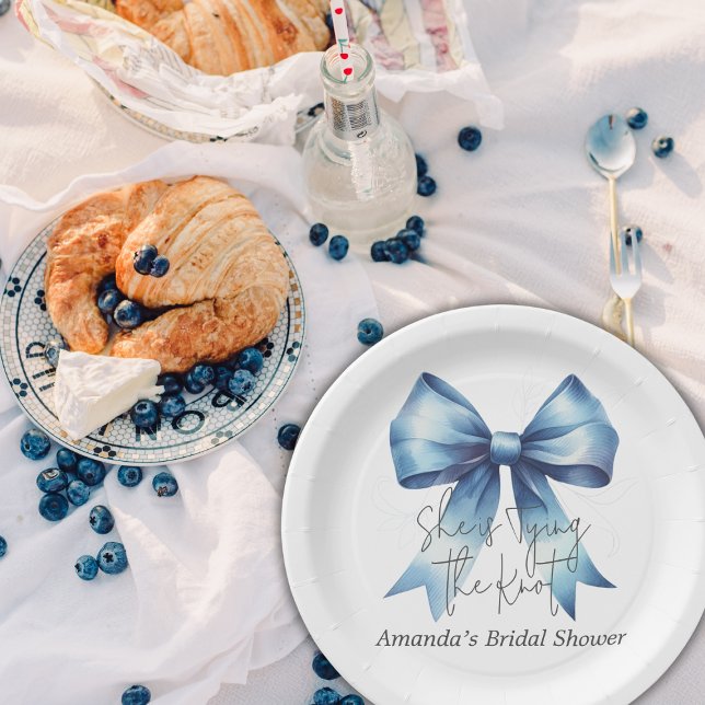 Tying the Knot Something Blue Bow Bridal Shower Paper Plate (Creator Uploaded)