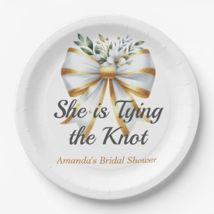 Tying the Knot White Bow Floral Bridal Shower Paper Plate