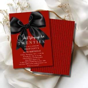 Tying Up My 20s Deep Red Black Bow 30th Birthday Invitation