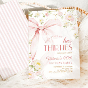 Tying Up Thirties Pink Bow Floral 40th Birthday Invitation