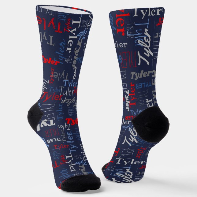 Tyler personalised name red blue grey  socks (Angled)