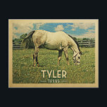Tyler Texas Horse Farm - Vintage Travel Postcard<br><div class="desc">Tyler Texas rural vintage travel postcard.  It features a white horse grazing on green grass with fence and blue clouds sky above. A fun country farm image with rustic charm.</div>