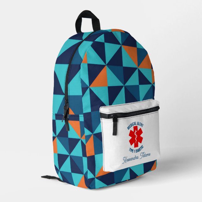Type 1 Diabetic Medical Alert Personalized Printed Backpack (Back Corner Left)