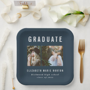 Type graduation multi photo blue and white party paper plate