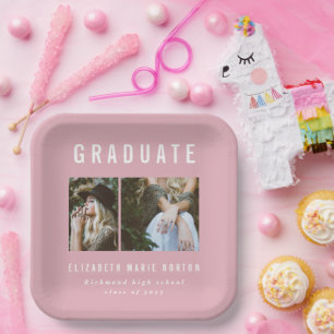 Type graduation multi photo pink and white party paper plate