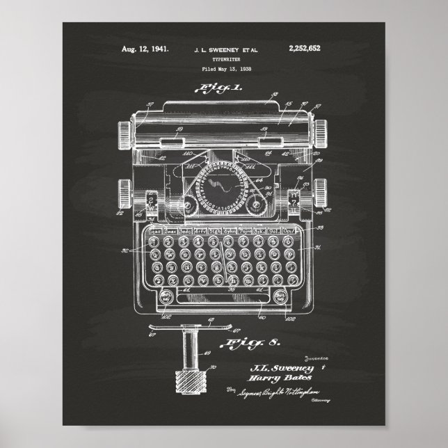 Typewriter 1941 Patent Art Chalkboard Poster (Front)