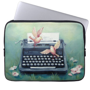 Typewriter & Birds Teal Laptop Computer Sleeve