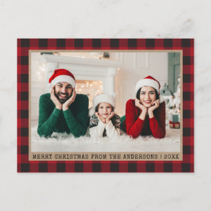 Typewriter Font Christmas Photo Red Plaid Kraft Postcard