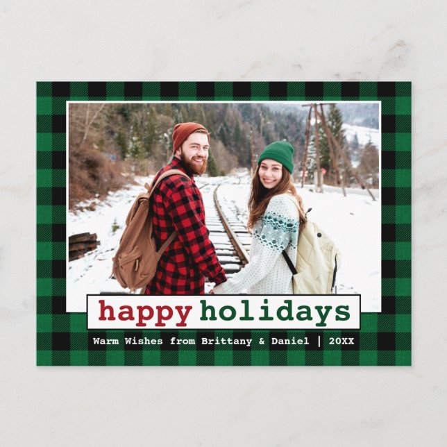Typewriter Font Happy Holidays Photo Green Plaid Postcard (Front)