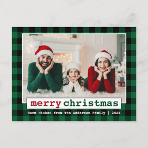 Typewriter Font Merry Christmas Photo Green Plaid Postcard