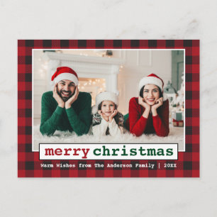 Typewriter Font Merry Christmas Photo Red Plaid Postcard