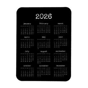 Typewriter font minimalist 2026 Black calendar Magnet