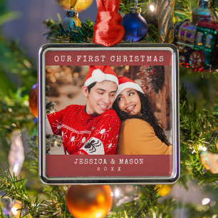 Typewriter Font Red Our First Christmas Photo Metal Tree Decoration