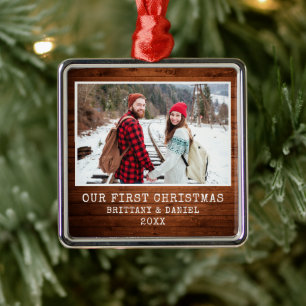 Typewriter Font Rustic Wood Couple First Christmas Metal Tree Decoration