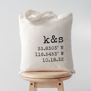 Typewriter Initials, Coordinates & Wedding Date Tote Bag