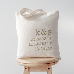 Typewriter Initials, Coordinates & Wedding Date Tote Bag<br><div class="desc">These rustic minimalist wedding tote bags make great bridal party gifts,  welcome bags,  or favours. Simple design features your initials,  coordinates of your wedding location,  and wedding date in neutral tan vintage typewriter lettering.</div>