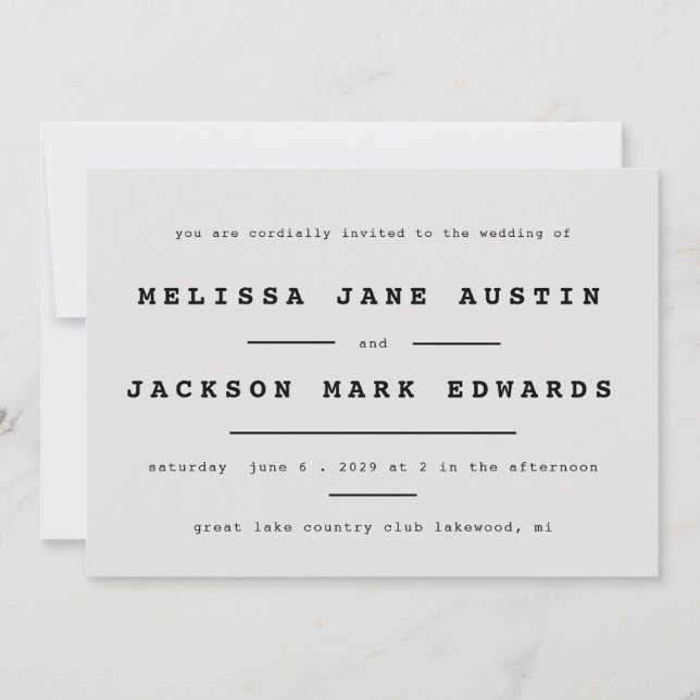 Typewriter Minimalism Stone Grey Wedding Invitation (Front)