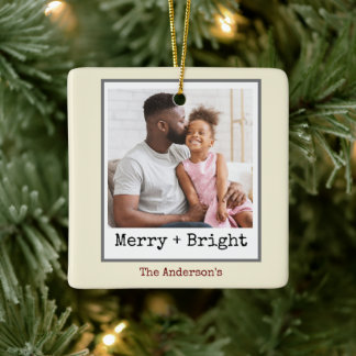 Typewriter Minimalist Christmas Photo Merry Bright Ceramic Ornament
