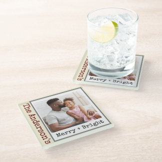 Typewriter Minimalist Christmas Photo Merry Bright Glass Coaster