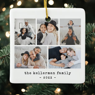 Typewriter Minimalist Family Photo Collage Ceramic Ornament