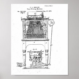 Typewriter Patent 1878 Blueprint Wall Art Poster