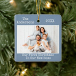 Typewriter Text Blue First Christmas New Home Ceramic Ornament<br><div class="desc">Modern Trendy Typewriter Text Simple Minimalist,  Our First Christmas In Our New Home Photo Ornament - Dusty Blue Background</div>