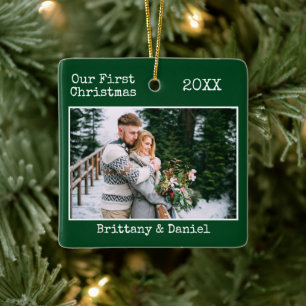 Typewriter Text Couple First Christmas Green Ceramic Ornament