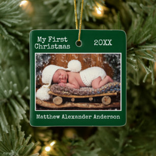 Typewriter Text First Christmas Baby Photo Green Ceramic Ornament