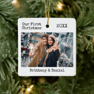 Typewriter Text First Christmas Couple Photo Ceramic Ornament