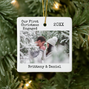 Typewriter Text First Christmas Engaged Photo Ceramic Ornament
