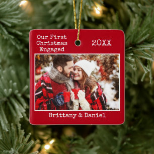 Typewriter Text First Christmas Engaged Red Ceramic Ornament