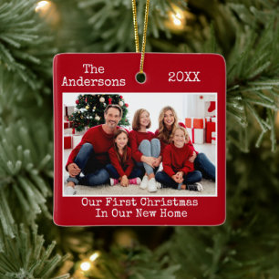 Typewriter Text First Christmas New Home Photo Red Ceramic Ornament