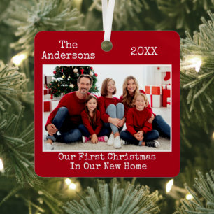 Typewriter Text First Christmas New Home Photo Red Metal Tree Decoration