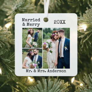 Typewriter Text Married and Merry Wedding 4 Photos Metal Tree Decoration