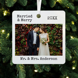 Typewriter Text Married and Merry Wedding Photo Metal Tree Decoration