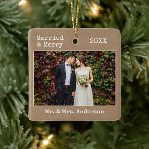 Typewriter Text Married Merry Wedding Kraft Photo Ceramic Ornament
