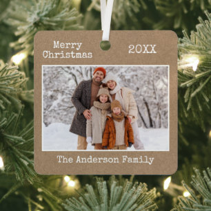 Typewriter Text Merry Christmas Kraft Family Photo Metal Tree Decoration