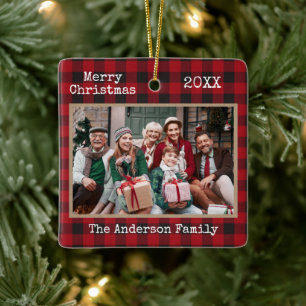 Typewriter Text Merry Christmas Photo Kraft Plaid Ceramic Ornament