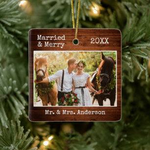 Typewriter Text Merry Christmas Wood Wedding Photo Ceramic Ornament