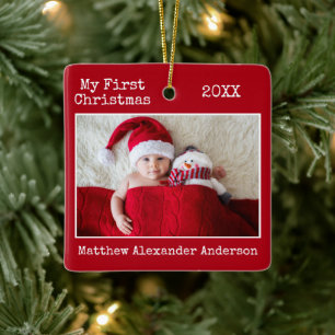 Typewriter Text My First Christmas Baby Red Ceramic Ornament